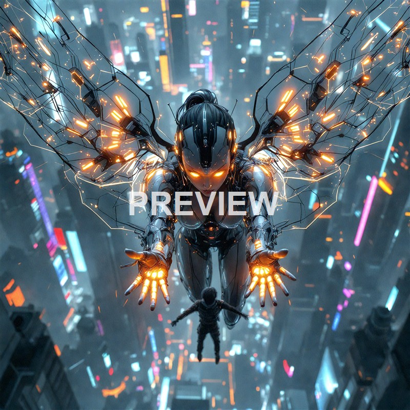 A futuristic robotic woman with glowing orange lights and intricate mechanical wings appears to be flying above a cityscape at night, reaching out towards a small child below.